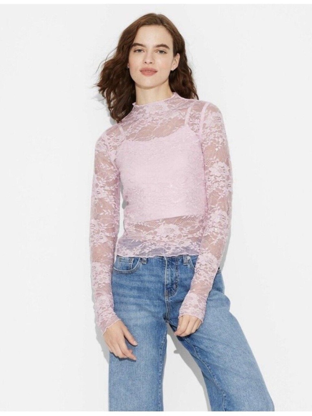 Wild Fable Baby Pink Lace Sequin Long Sleeve Top